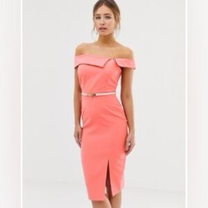 Cutaway Neck Pencil Dress With Belt In Coral size 8